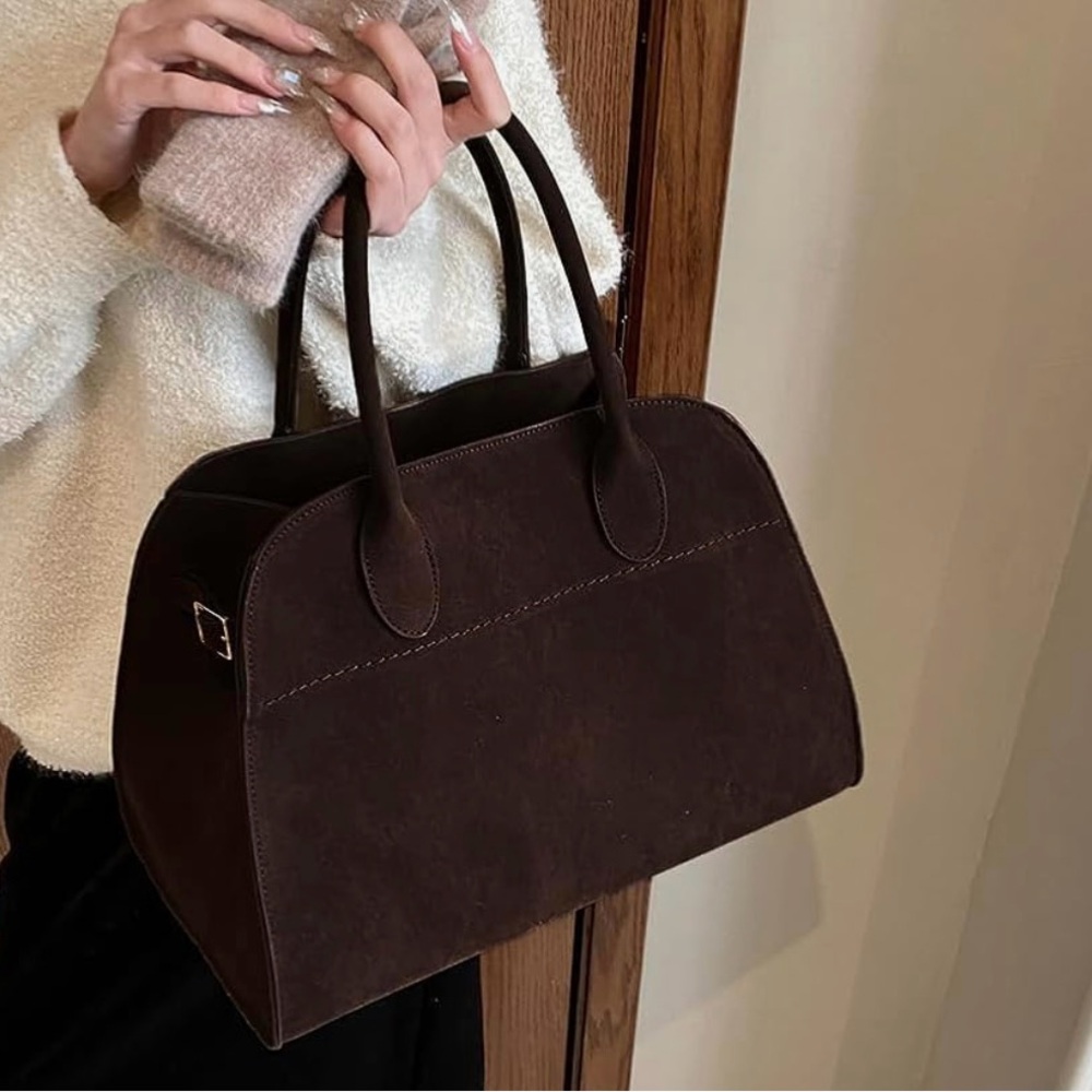 Elegant Brown Satchel with Suede Material and Zipper Closure